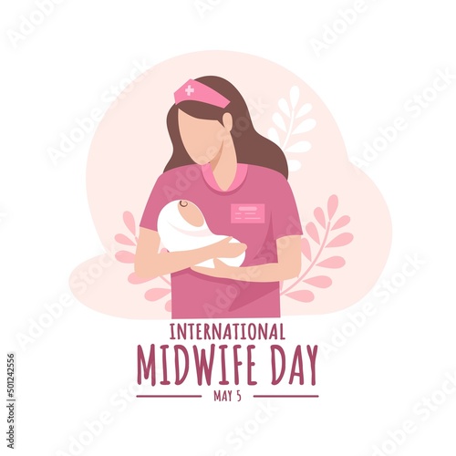 Vector illustration of a midwife holding a baby in her arms. International Midwife Day.