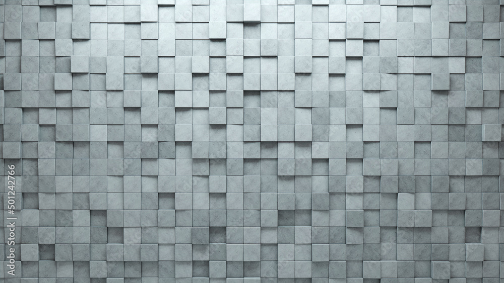 3D Tiles arranged to create a Square wall. Concrete, Semigloss Background formed from Futuristic blocks. 3D Render