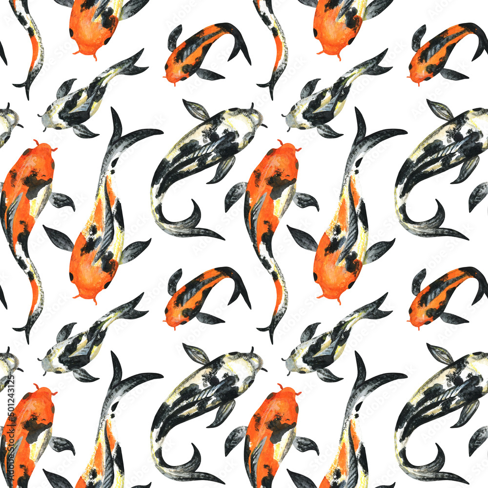 Seamless pattern with fish. Koi carp. Watercolor illustration. The print is used for Wallpaper design, fabric, textile, packaging.