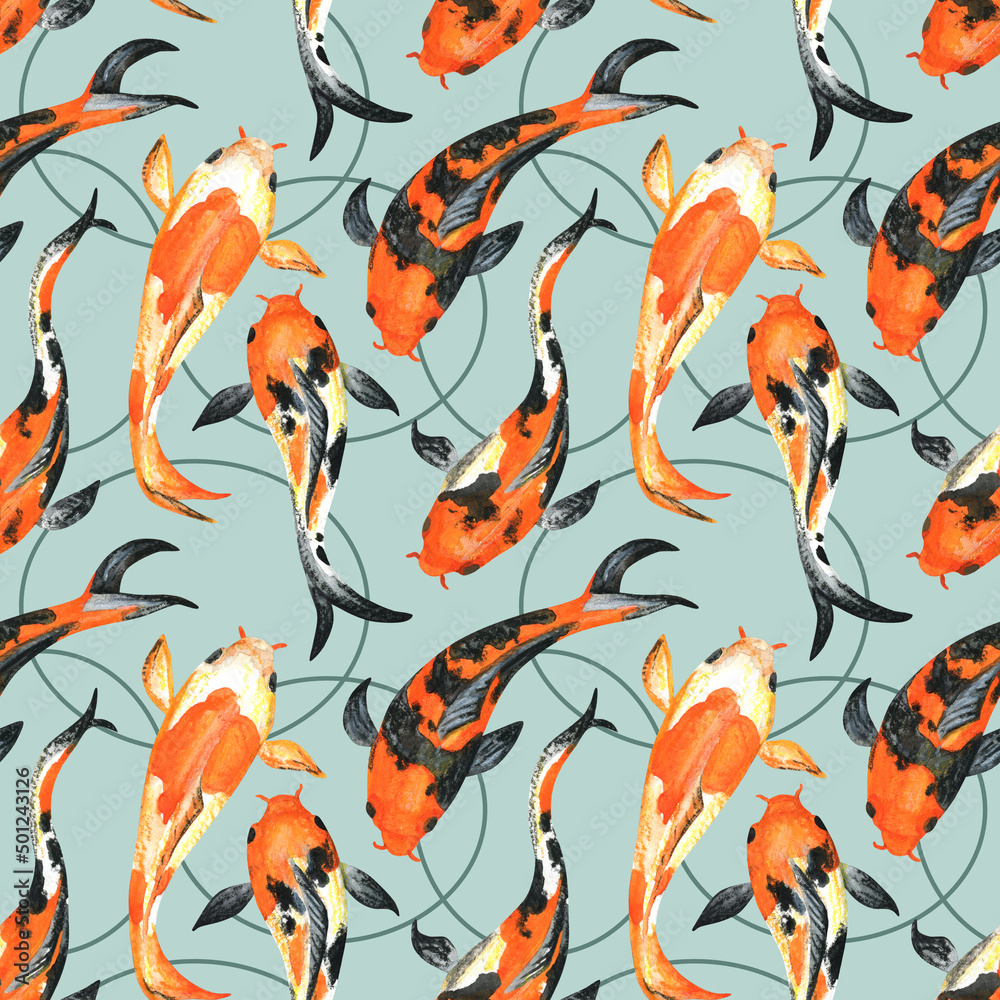 Naklejka premium Seamless pattern with fish. Koi carp. Watercolor illustration. The print is used for Wallpaper design, fabric, textile, packaging.