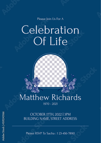 Simple memorial and funeral invitation card template design, dark blue decorated with golden shower flowers