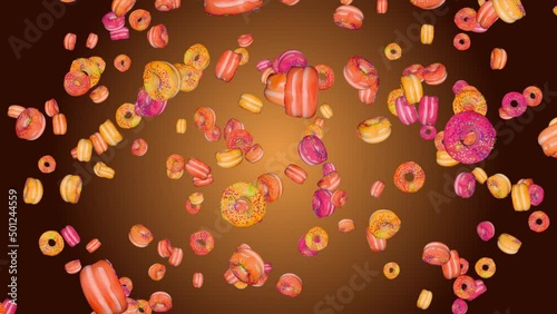 4K Animation of falling tasty donuts on green screen Background. Food, health, fast food concept. Bakery and food concept. Flying sweet pink dessert. Floating fast food icon pattern retro background photo