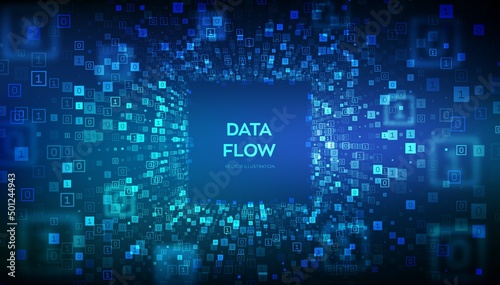 Data Flow. Binary data flow tunnel. Virtual tunnel warp. Coding, programming or hacking concept. Abstract futuristic cyberspace. Big data. Digital code with digits 1.0. Vector Illustration.