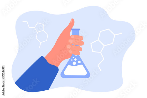 Hand of scientist holding lab test tube with liquid. Chemical experiment in laboratory and analysis by person flat vector illustration. Chemistry concept for banner, website design or landing web page