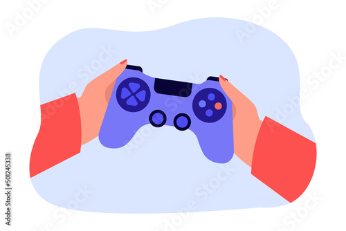 Gamers hands holding gamepad to play video game. Person with remote console gaming online flat vector illustration. Entertainment, device concept for banner, website design or landing web page