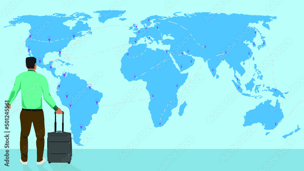 a punto de emprender un largo y maravilloso viaje se encuentra un hombre joven mirando en un gigantesco mapa cual será su primer destino para viajar a punto de emprender un largo y maravilloso viaje se encuentra un hombre joven mirando en un gigantesco mapa cual será su primer destino para viajar