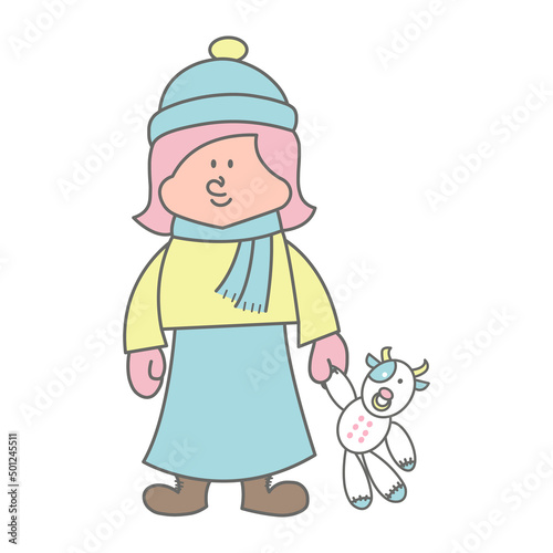 牛のぬいぐるみを持っている子供のイラスト素材
