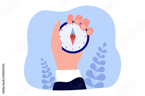 Businessman using compass to find right direction and way. Hand of person holding device for navigation flat vector illustration. Guide, vision concept for banner, website design or landing web page