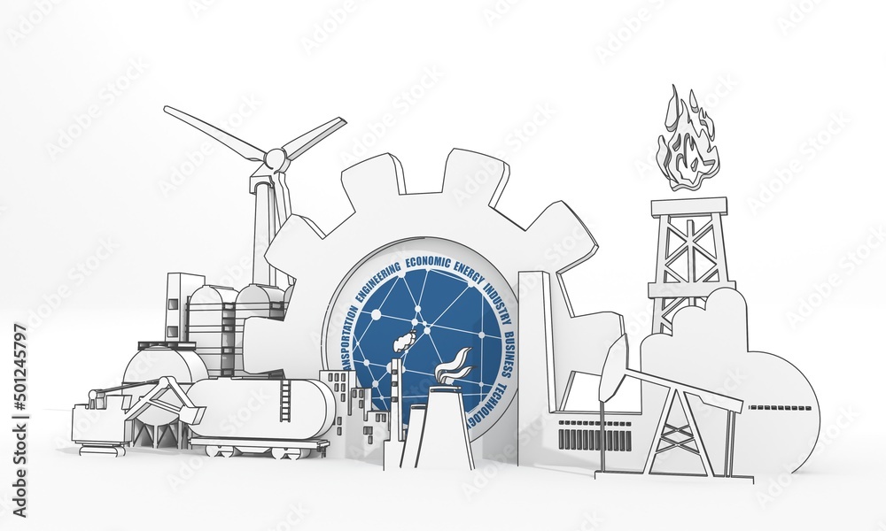 Energy and power industrial concept. Industrial icons and gear with keywords. 3D Render
