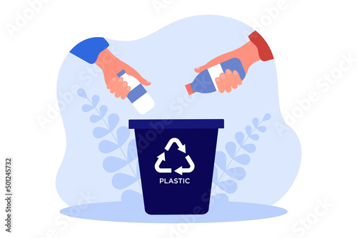Hands holding plastic bottles to throw into trash container. Persons sorting garbage flat vector illustration. Environment, ecology, waste concept for banner, website design or landing web page