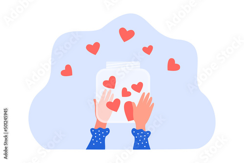 Hands of female volunteer holding donation jar with hearts. Help, love and care from generous person flat vector illustration. Solidarity, hope concept for banner, website design or landing web page