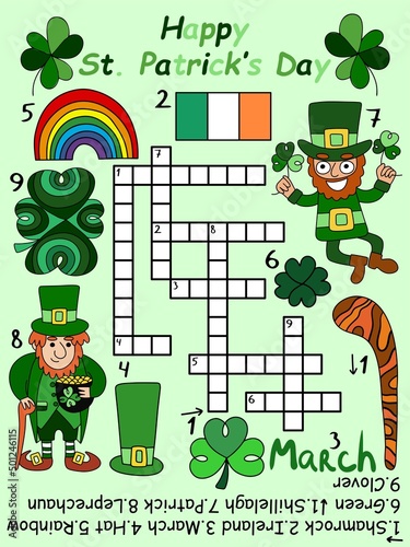 Saint Patrick's day complex crossword with the answer vector illustration. Funny educational word game for children. Colorful cartoon activity page vertical printable worksheet