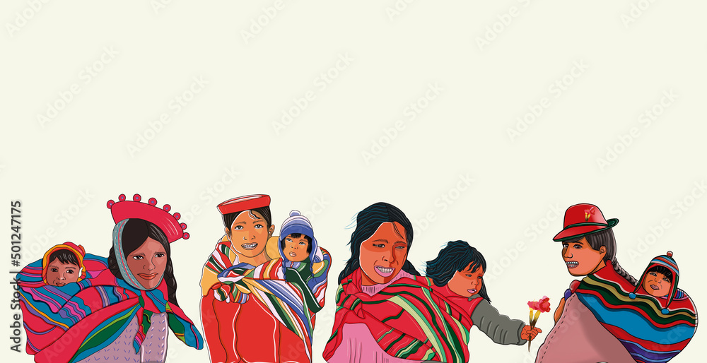 Group of Andean women mothers carrying their baby children with love - Peruvian culture.