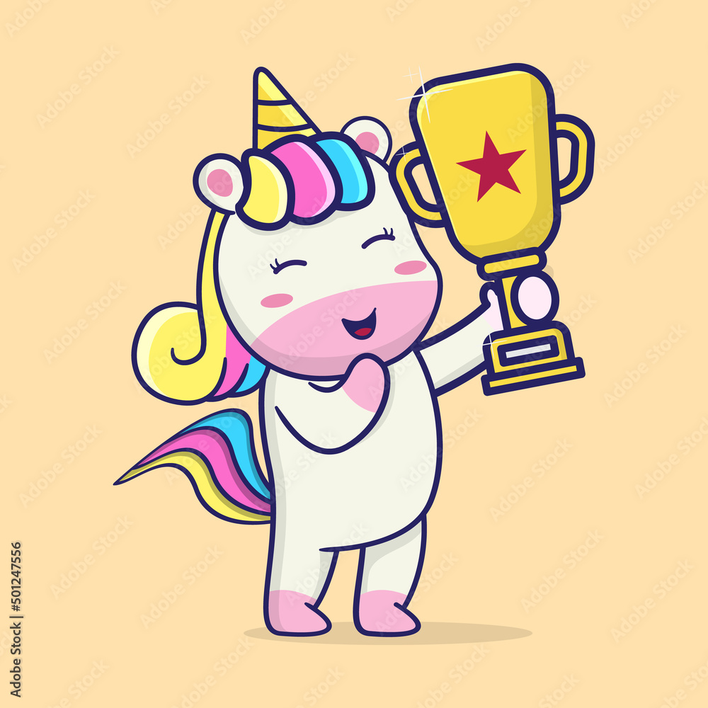 cute unicorn holding a trophy, suitable for children's books, birthday cards, valentine's day, stickers, book covers, greeting cards, printing. 