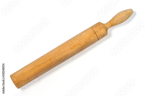 Wooden rolling pin for dough on a white background.