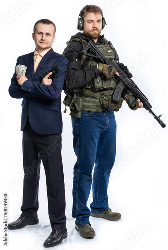businessman and soldier make a deal, work together, hired soldier. military operation. isolated white background