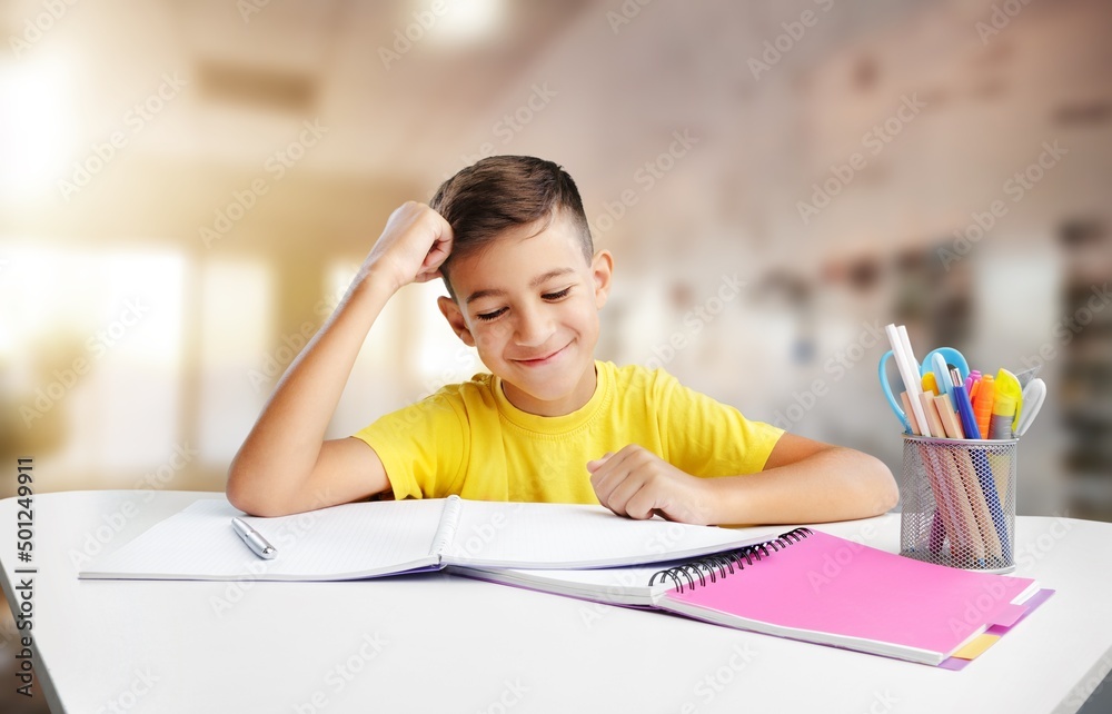 Distance education. Smiling child studying online at home, Distance education. Smiling child studying online at home,