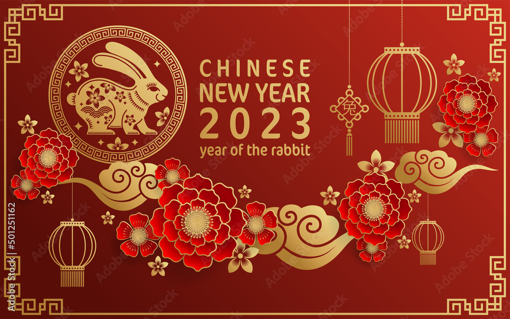 Happy chinese new year 2023 year of the rabbit zodiac with on color Background. (Translation : Happy new year)