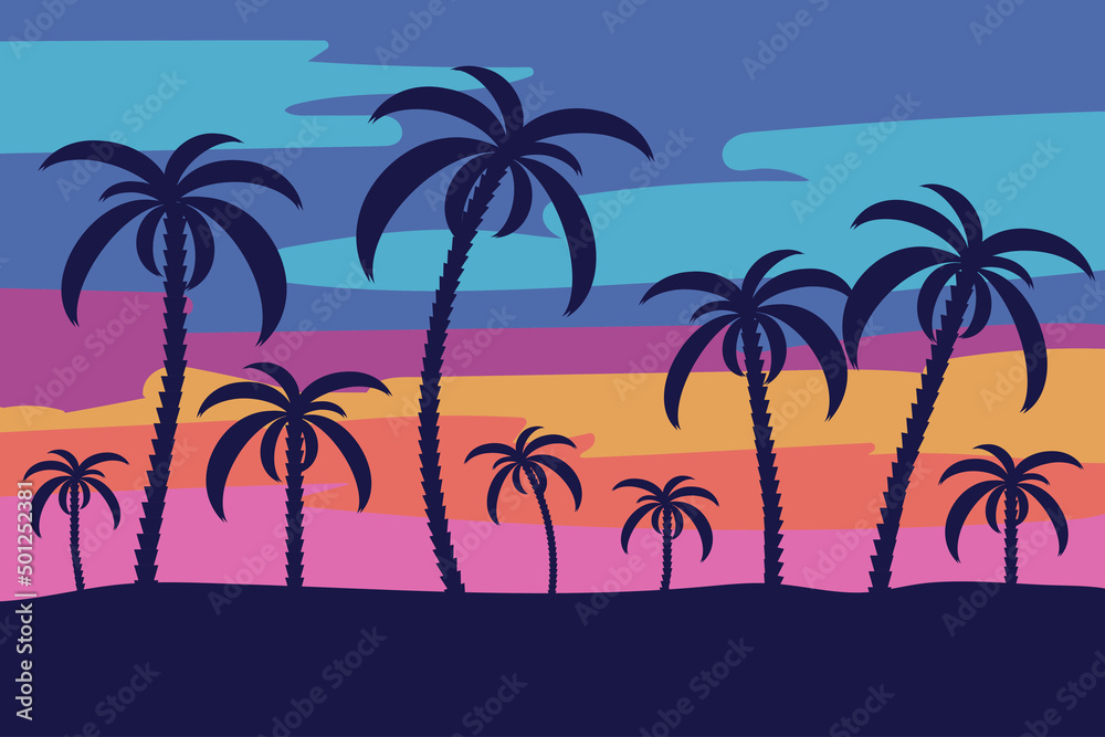 Silhouettes of palm trees against the backdrop of sunset Silhouettes of palm trees against the backdrop of sunset
