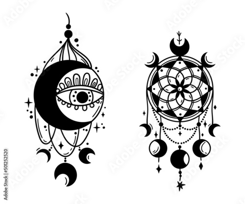 Hand drawn mystical Dreamcatcher isolated clip arts on white, black and white line boho dream catchers, celestial design elements - vector