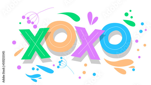 XOXO, abbreviation, Hugs and kisses, informal term used for expressing love. Word written with Children's font in cartoon style.