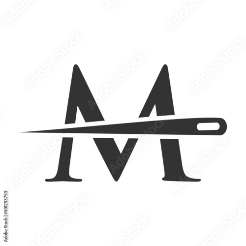 Initial Letter M Tailor Logo, Needle and Thread Combination for Embroider, Textile, Fashion, Cloth, Fabric Template