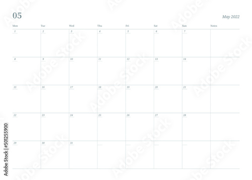 May 2022 simple design digital and printable calendar template illustration. Notes, scheduler, diary, calendar, memo, planner document template background. 