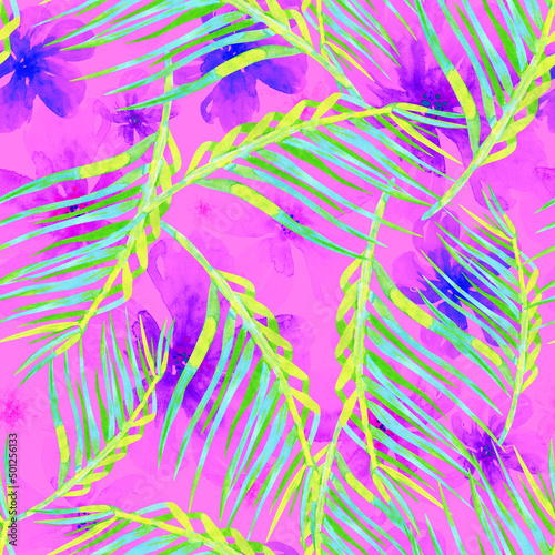 Neon tropics seamless pattern, colorful palm leaves on vibrant pink background