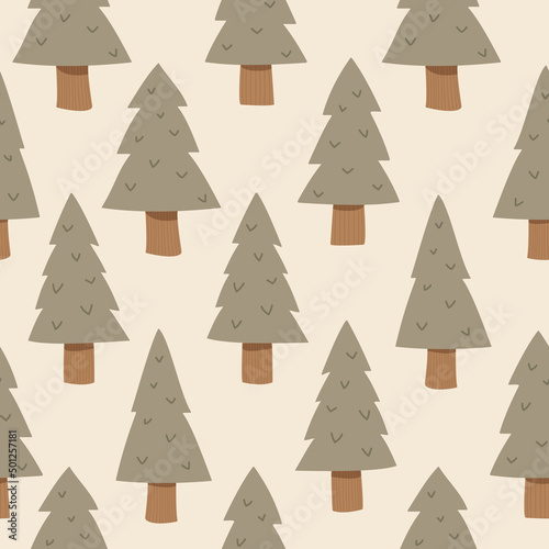 Scandinavian forest seamless vector pattern. Cute, Scandi, simple, minimal, woodland, pine tree illustration. Minimal, Nordic, nature repeat, background wallpaper texture for kids and children.