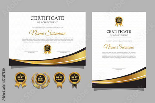 Black and gold certificate with badge and border vector a4 template
