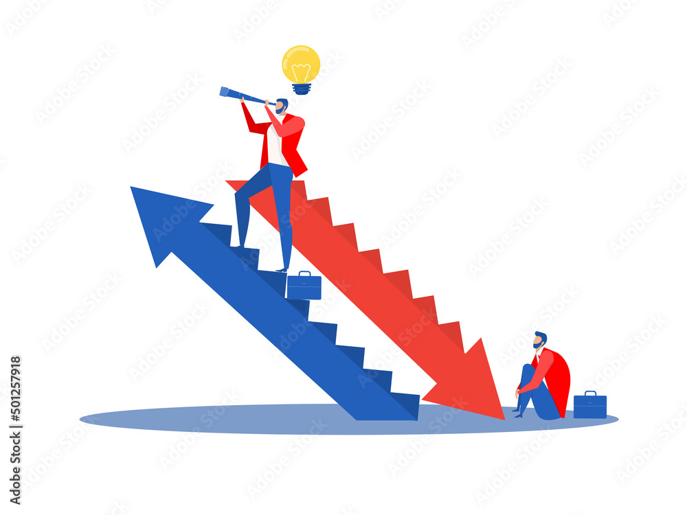 Obraz premium businessman leader standing on ladder growth to success with regress in business concept, Young sad businessman and happy businessman vector illustrator.