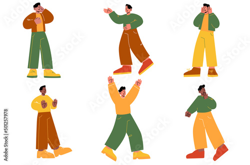 Men characters with negative emotions, scared, confused, amazed and indignant face expression. Vector flat illustration of diverse guys surprised, in panic, annoyed and with stop gesture