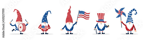 Patriotic american gnomes celebrate Independence day in the United States. Set of cute scandinavian elves with flag, pinwheel and drum. National freedom day. Vector illustration in flat cartoon style.
