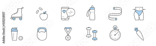 Fitness, healthy lifestyle doodle icons. Isolated vector roller skates, apple, pills and mobile app, water bottle, meter and slim figure. Shaker, weight, medal and dumbbells with stopwatch and carrot