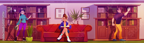 People read and choose book on shelves in library or store. Vector cartoon illustration of luxury interior of home or public library with bookcases, red leather sofa and reading characters