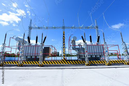 High voltage power transformer substation in solar power station to reduce global warming and climate change