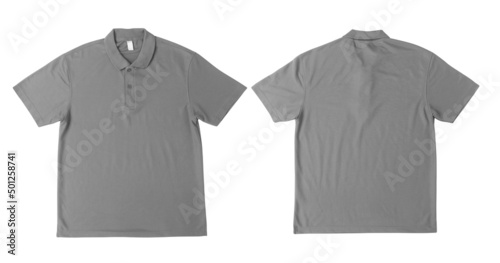 Blank grey polo t-shirt mockup front and back isolated on white background with clipping path.