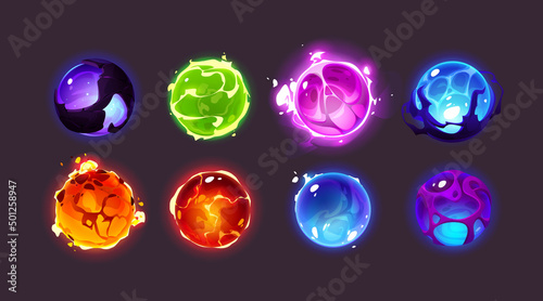 Leinwand Poster Magic spheres, energy balls with mystic glow, lightning and sparks