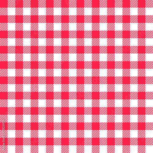 Red and white checkered for picnic blanket or tablecloth.Gingham seamless pattern.Fabric geometric background.Plaid paper.Retro textile or texture.Italian style.Flat design.Vector illustration.