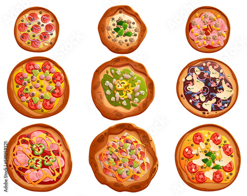 Set of pizza with different toppings on round base. Pepperoni, mushroom, margarita, vegetable, seafood and farm recipes, italian menu elements isolated on white background. Cartoon vector illustration