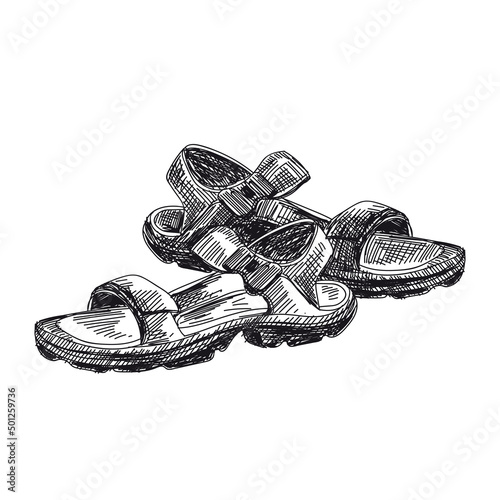 Tourist sandals, retro black and white hand drawn illustration.