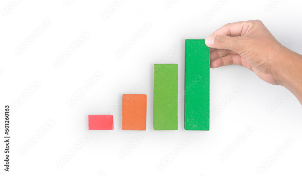Business connecting piece of multi wood chart blocks steps in hand Business connecting piece of multi wood chart blocks steps in hand