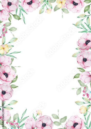 Watercolor frame of pink anemones