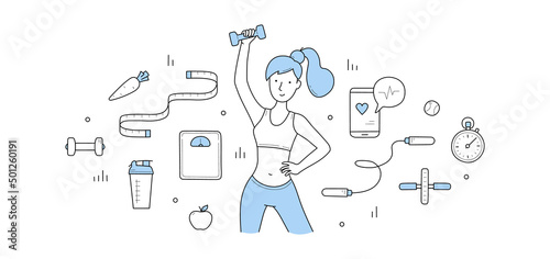 Girl in sport fit training in gym. Concept of workout, exercises and healthy lifestyle. Vector hand drawn illustration of woman with dumbbell, scale, measure tape, wheel roller and diet food
