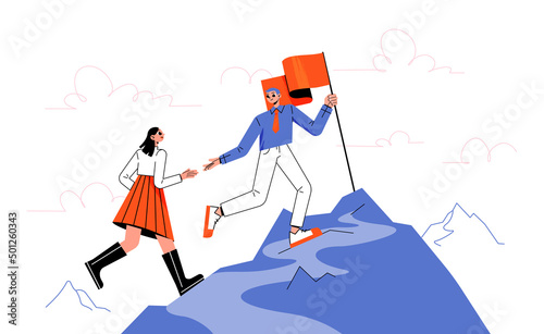 Business character leader help colleague climb rock top. Man and woman team on mountain peak with flag. Successful career, goal achievement, leadership, teamwork. Cartoon people vector illustration