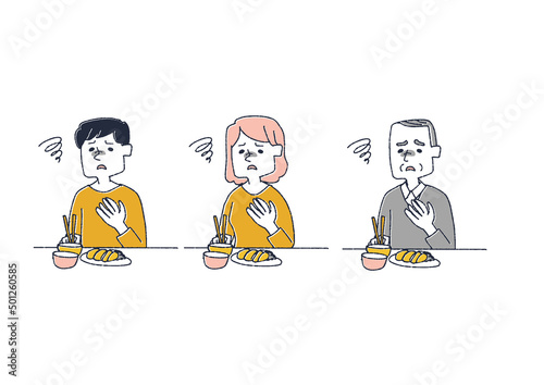 食事が喉を通らない人々のセット　コミカルな手書きの人物　ベクター、温かみのある線画