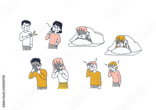体調が悪い人々のイラストセット　コミカルな手書きの人物　ベクター、温かみのある線画