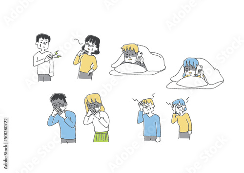 体調が悪い人々のイラストセット　コミカルな手書きの人物　ベクター、温かみのある線画