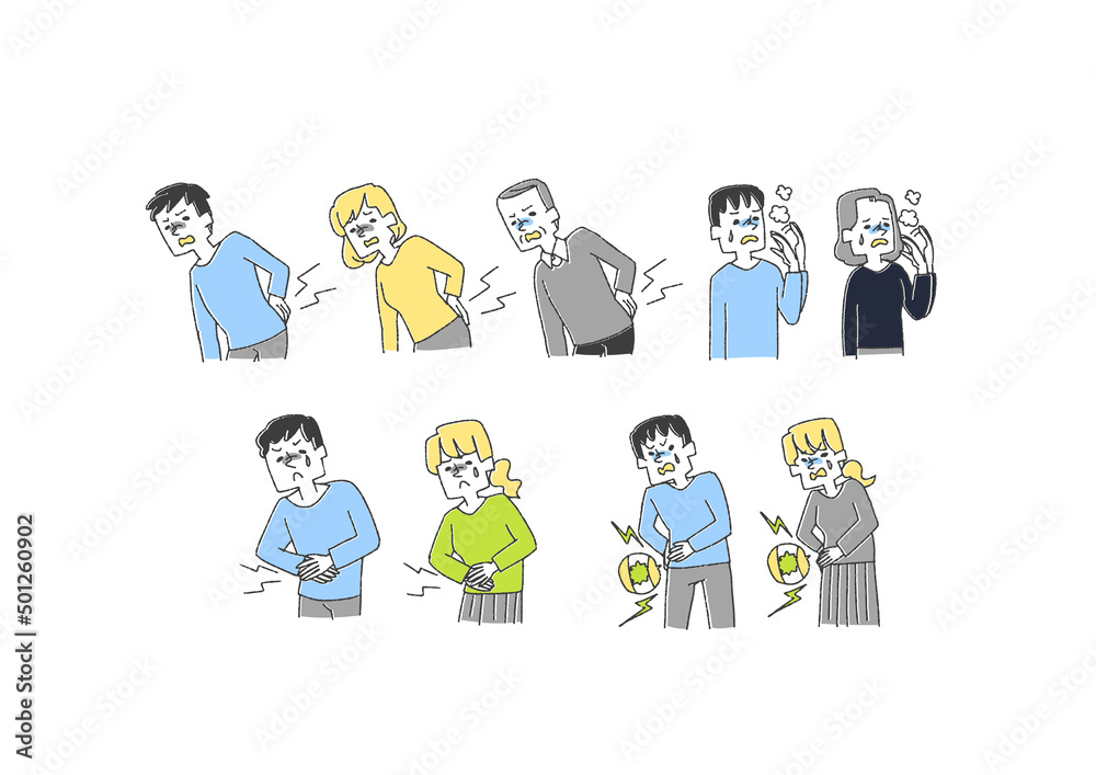 体調不良に関するイラストセット コミカルな手書きの人物 ベクター 温かみのある線画 Stock Vector Adobe Stock