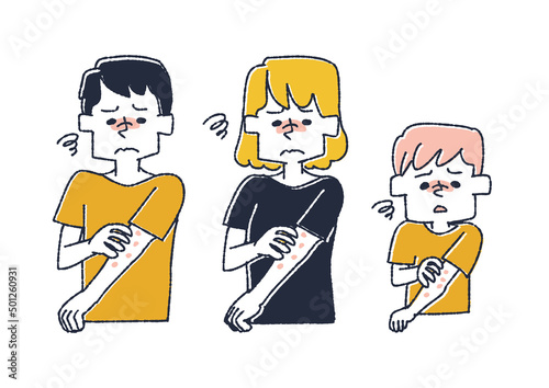 腕にできものができて痒い人々のセット　コミカルな手書きの人物　ベクター、温かみのある線画